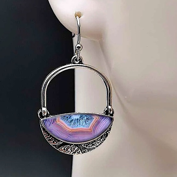 Vintage Handmade Silver Purple Hollow Out Boho Dangle Earrings - Picture 4 of 5